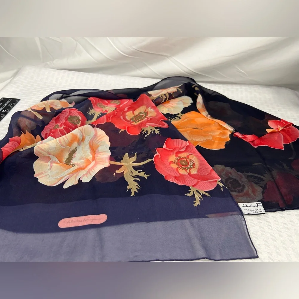 Salvatore Ferragamo Floral Silk Chiffon Scarf Navy Red With original sleeve